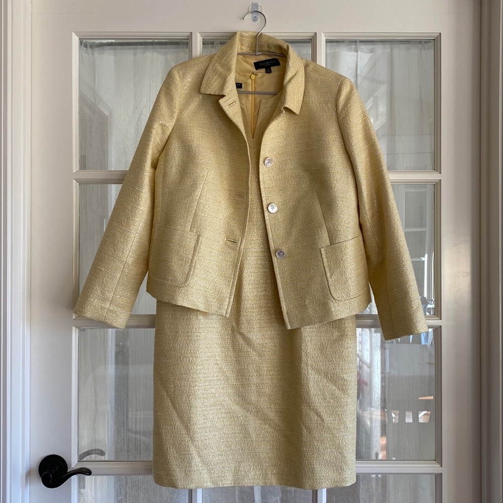 Talbot’s Gold-Weaved Dress & Jacket.